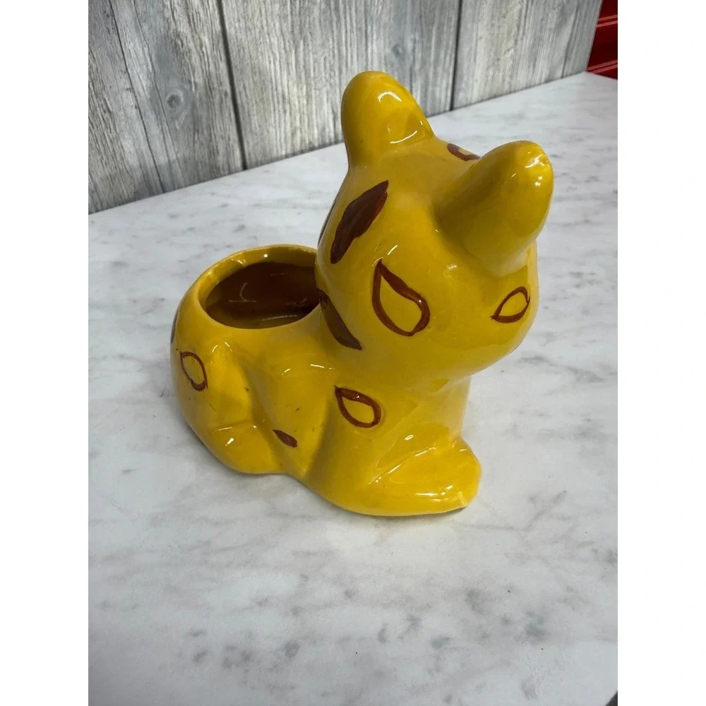 Vintage Yellow Ceramic Leopard Cub Planter Hand Painted Spotted Kitten Figurine